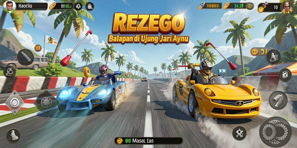 Screenshot gameplay REZEGO menampilkan balapan mendebarkan di lintasan yang menantang.