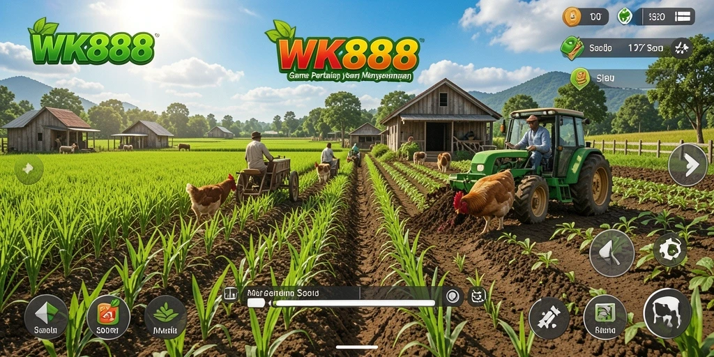 Screenshot gameplay WK888 menampilkan aktivitas bertani yang seru dan interaksi sosial.